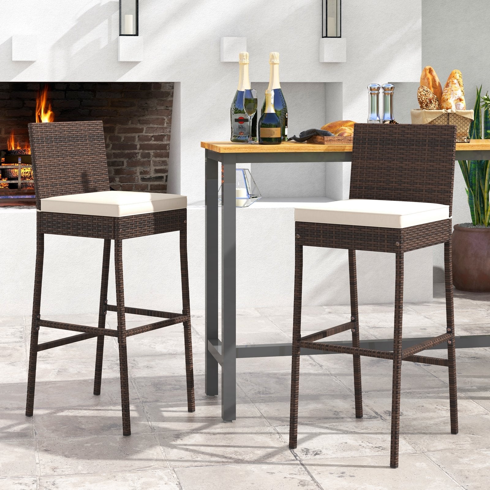 2 Pieces Patio Cushioned Wicker Barstools with Cozy Footrest-Set of 2