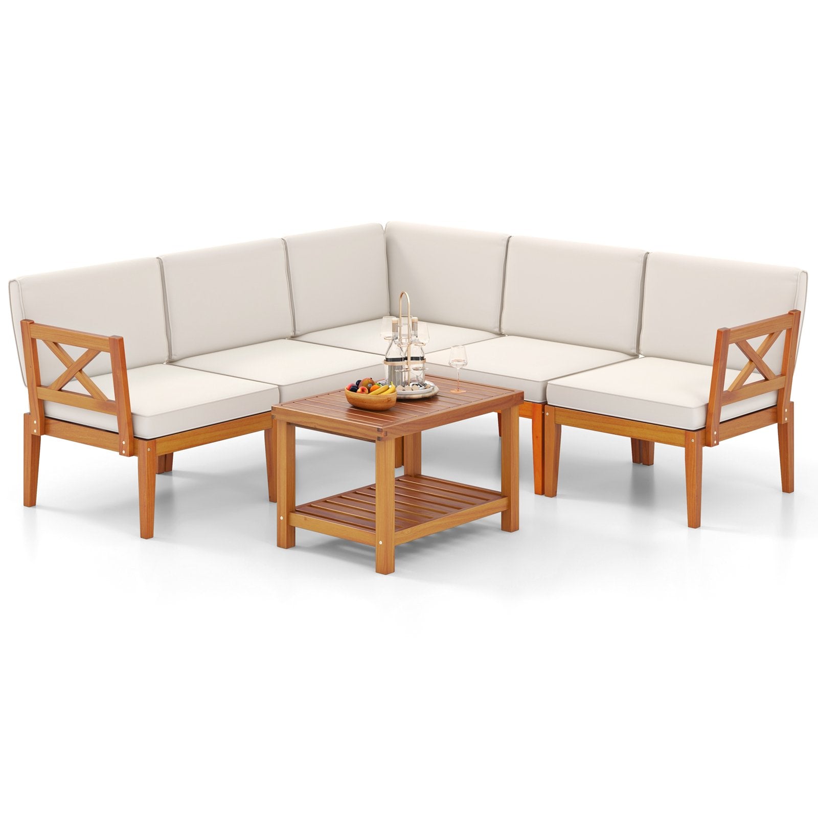 6 Pieces Acacia Wood Patio Furniture Set with Cushions and 2-Tier Coffee Table-White