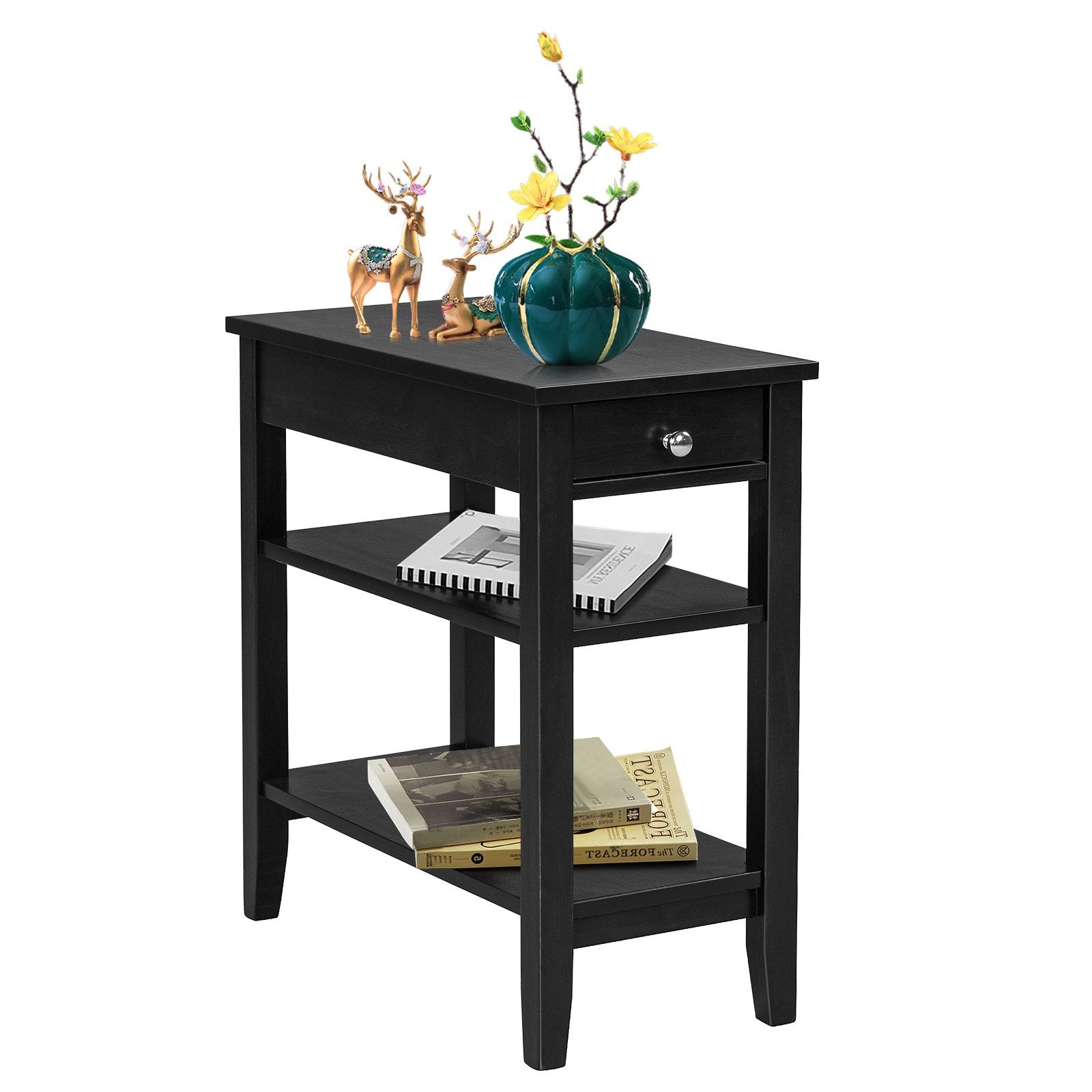 Side End Table with Drawer and 2-Tier Open Storage Shelves for Space Saving-Black