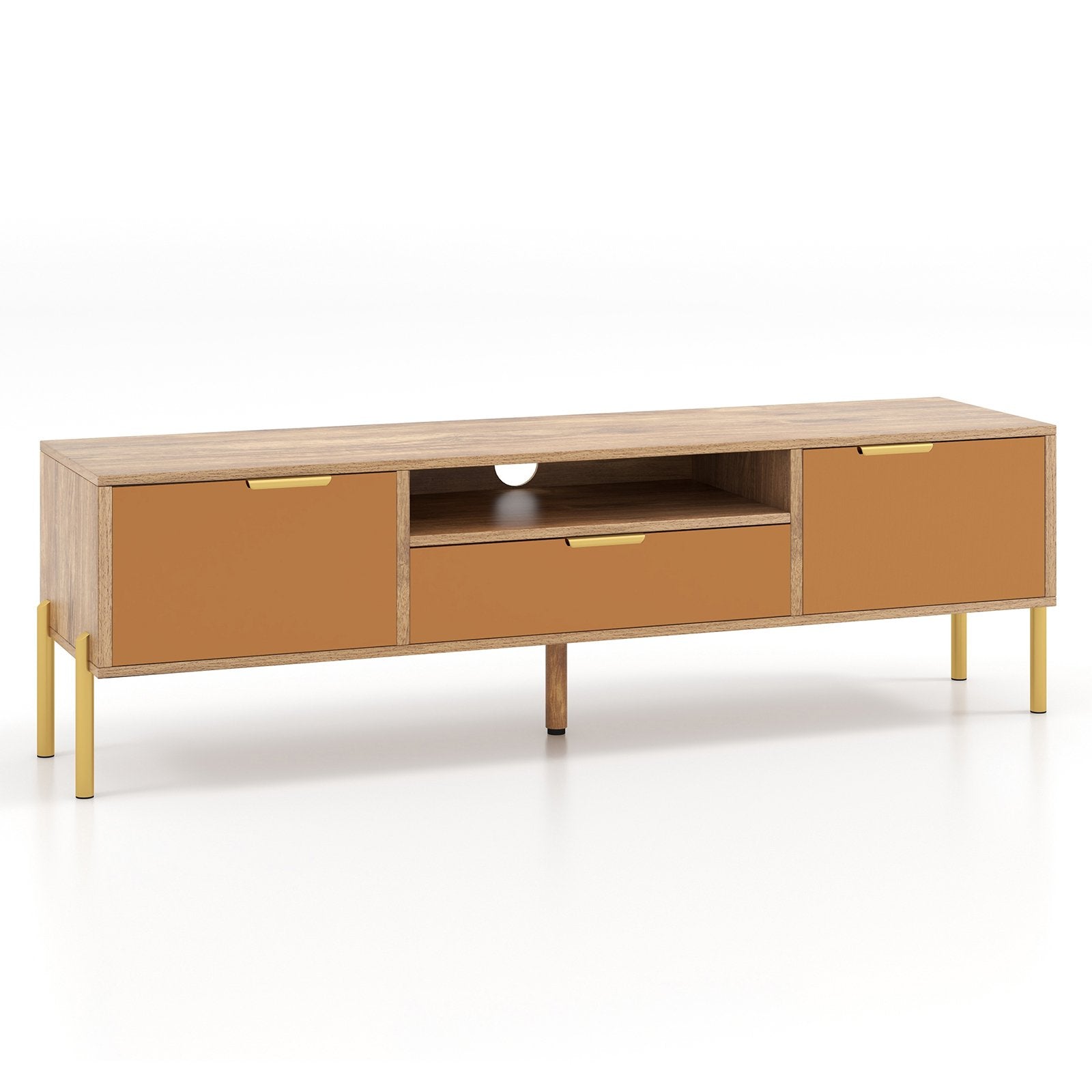 Mirrored TV Stand for TV up to 65 Inch with Spacious Tabletop and 2 Storage Cabinets-Natural