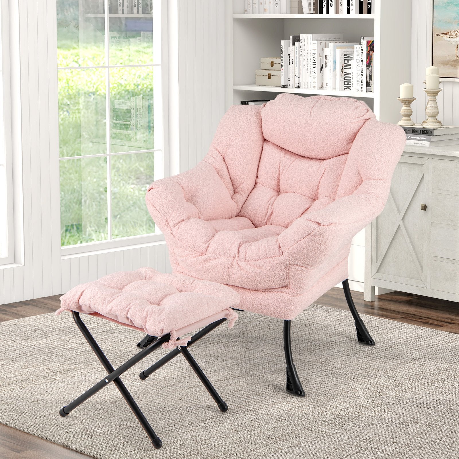 Modern Accent Chair with Folding Footrest and Head Pillow-Beige