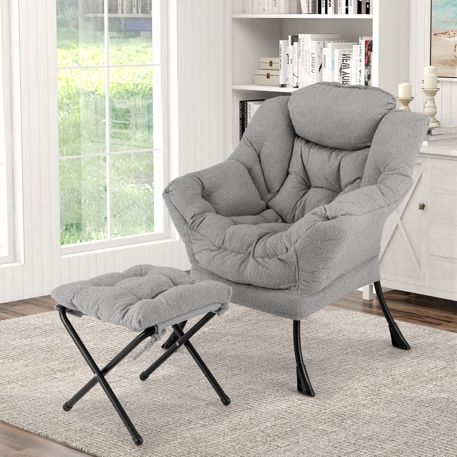 Modern Accent Chair with Folding Footrest and Head Pillow-Beige