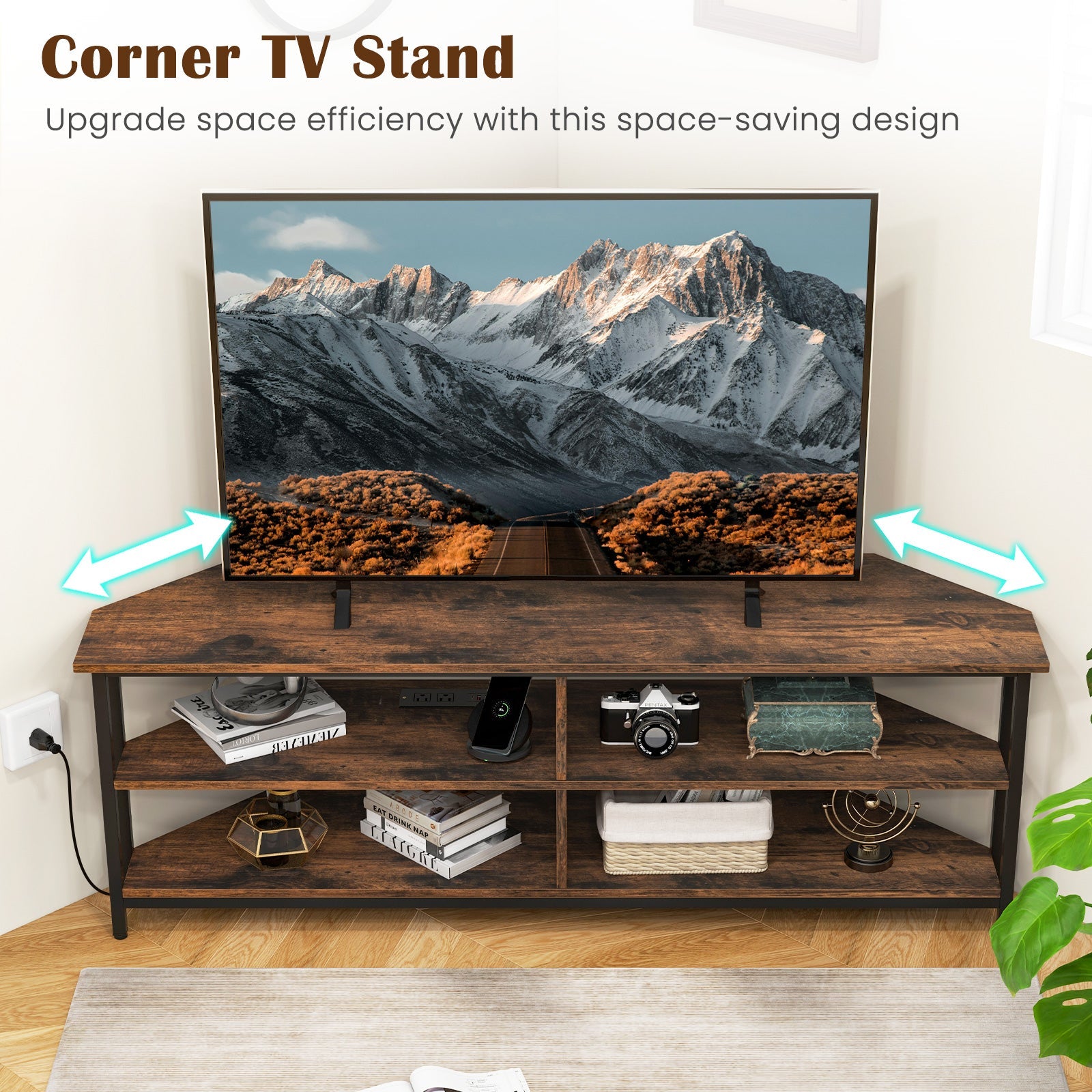 3-Tier Corner TV Stand for TVs up to 65 Inches with Charging Station- Black