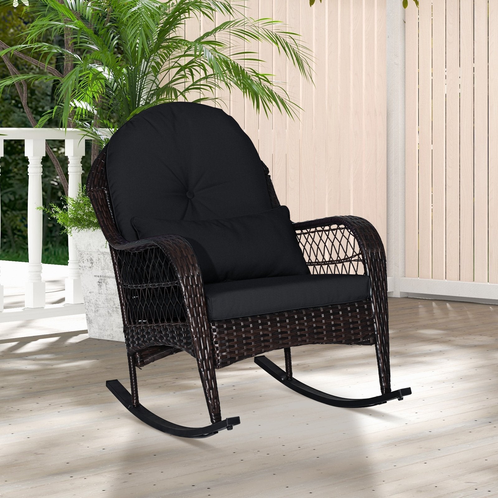 Patio Rattan Rocking Chair with Seat Back Cushions and Waist Pillow-Black