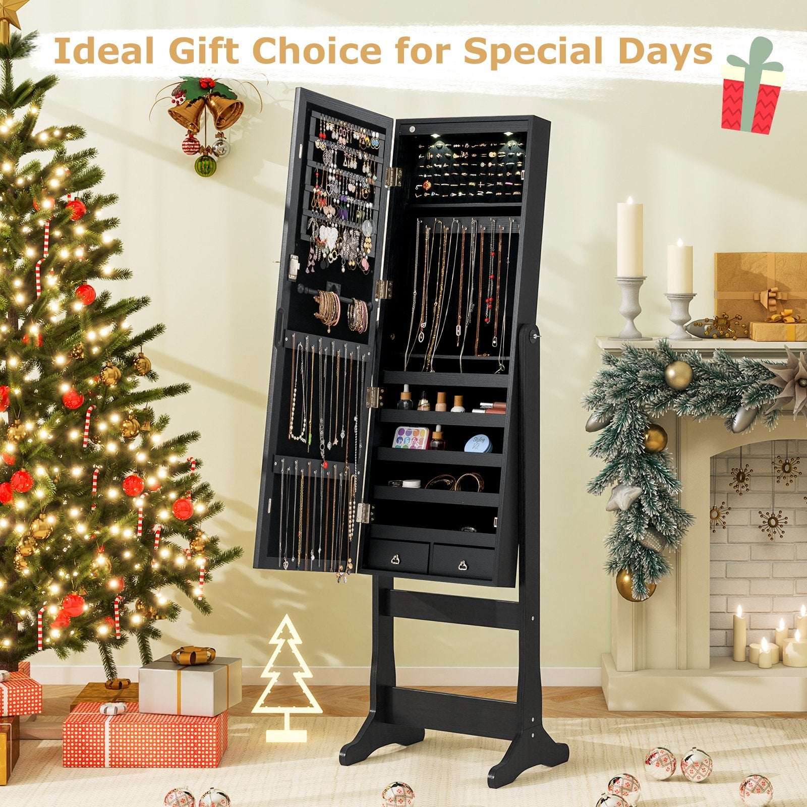 Lockable Freestanding Jewelry Cabinet Armoire with Full-Length Mirror and Lights-Black