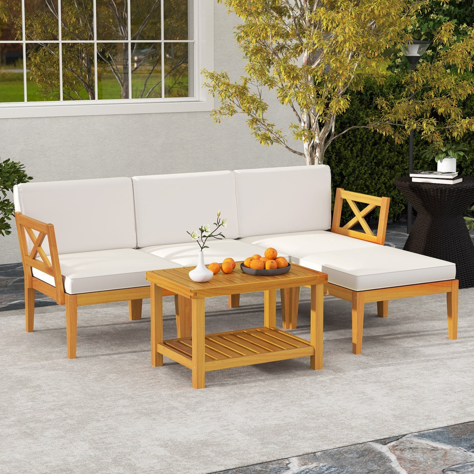 5 Pieces Acacia Wood Patio Furniture Set with 2-Tier Coffee Table and Cushions-White