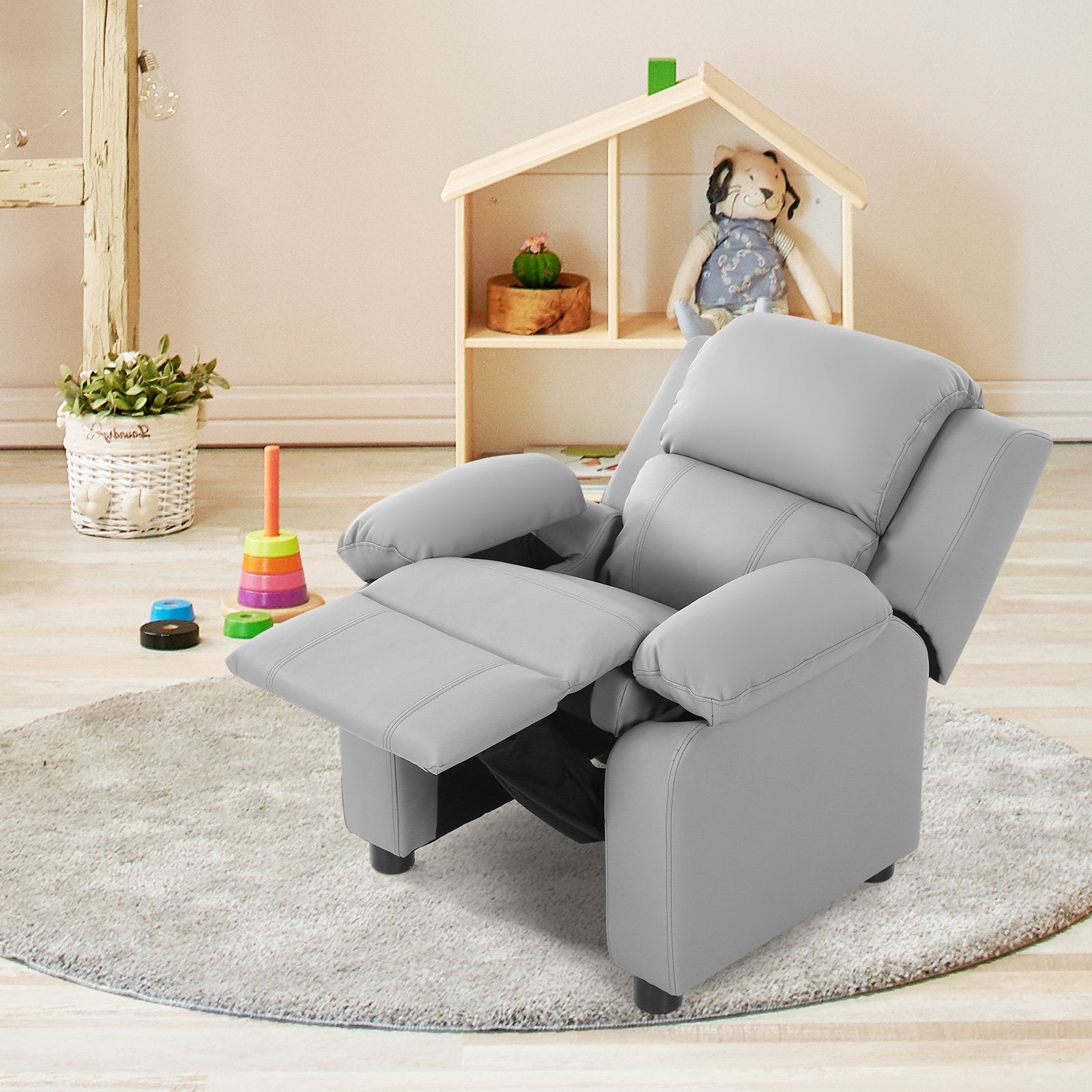 Kids Deluxe Headrest  Recliner Sofa Chair with Storage Arms-Black
