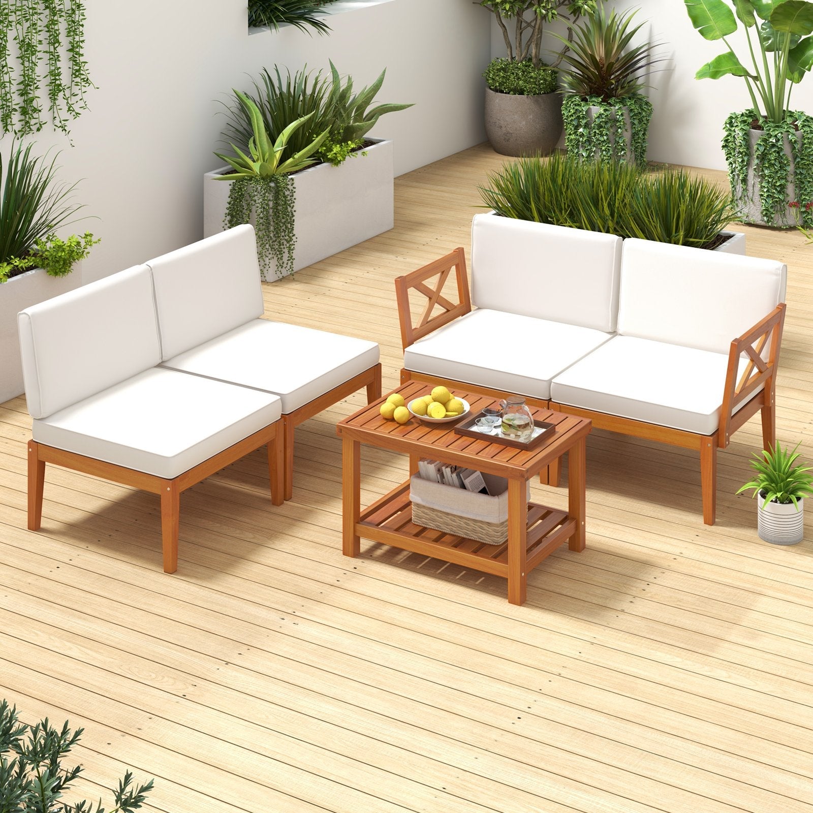 5 Pieces Acacia Wood Patio Furniture Set Outdoor Sectional Conversation Set with Cushions-Off White