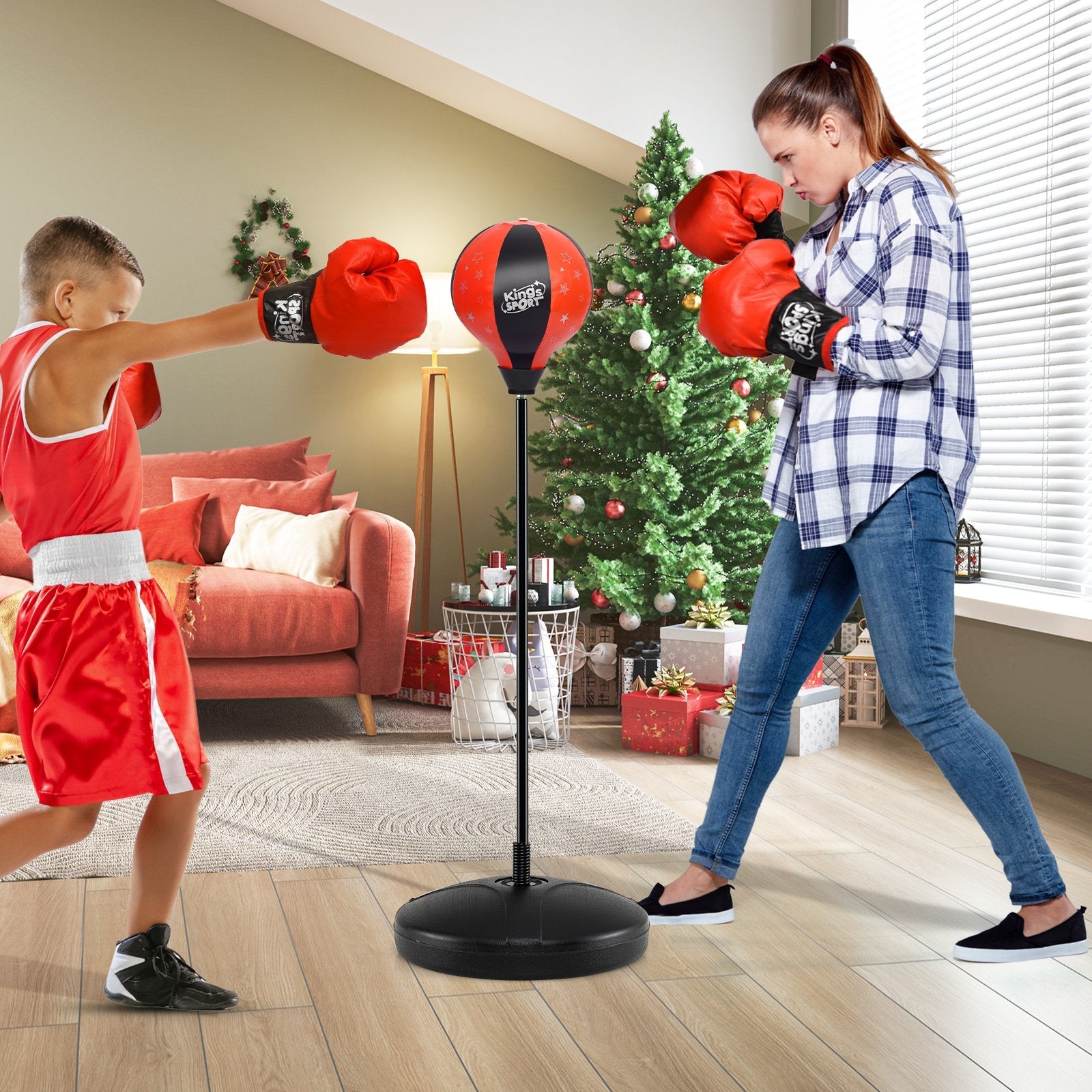 Kids Adjustable Stand Punching Bag Toy Set with Boxing Glove-Black & Red