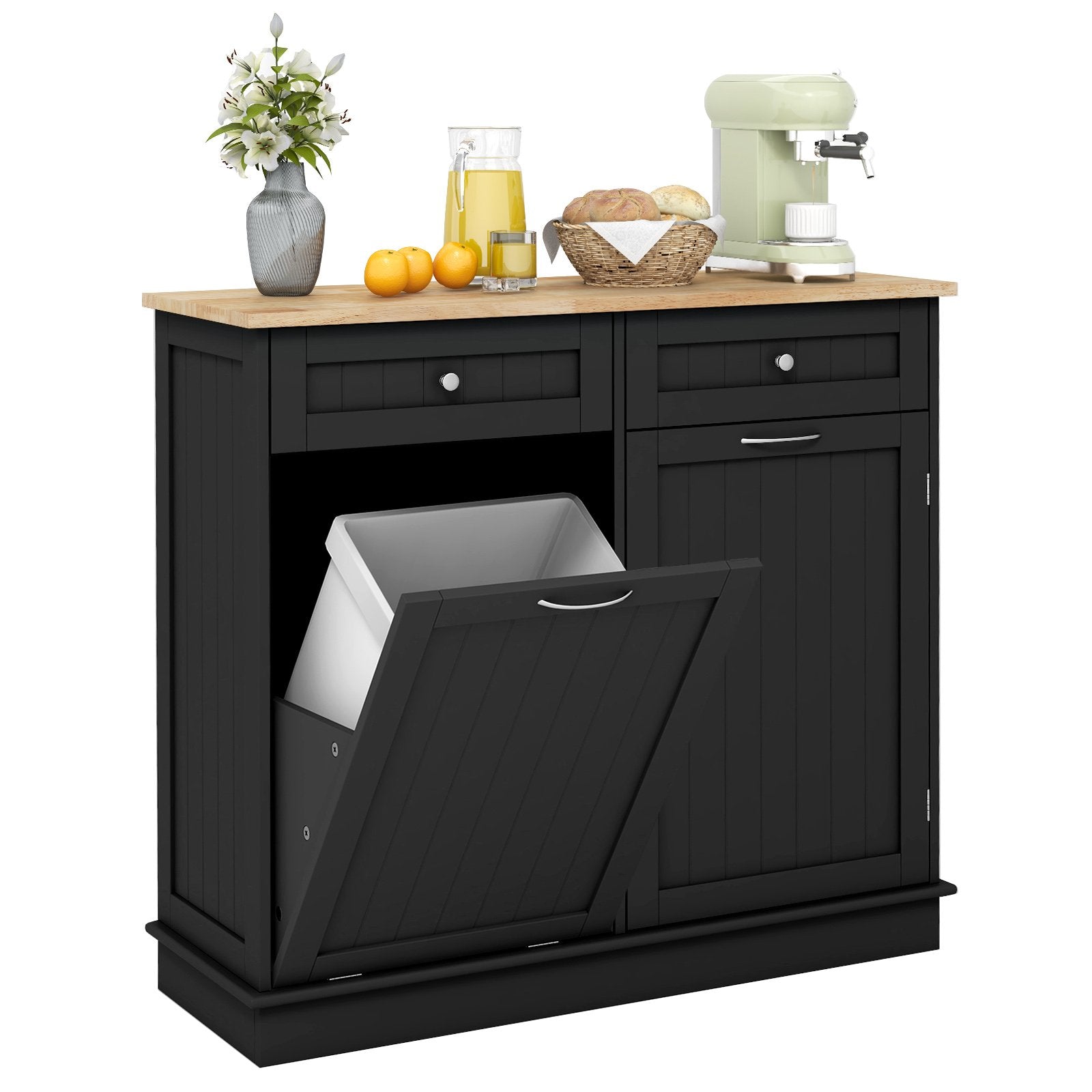 Kitchen Tilt Out Trash Cabinet with 2 Drawers and Adjustable Shelf-Black