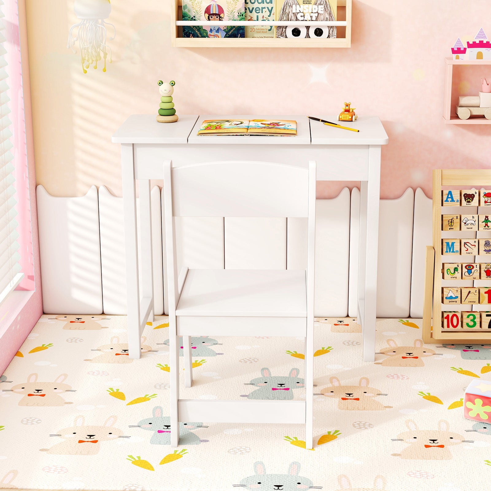 2-in-1 Kids Vanity Makeup Table and Chair Set with Flip Top Mirror-Pink