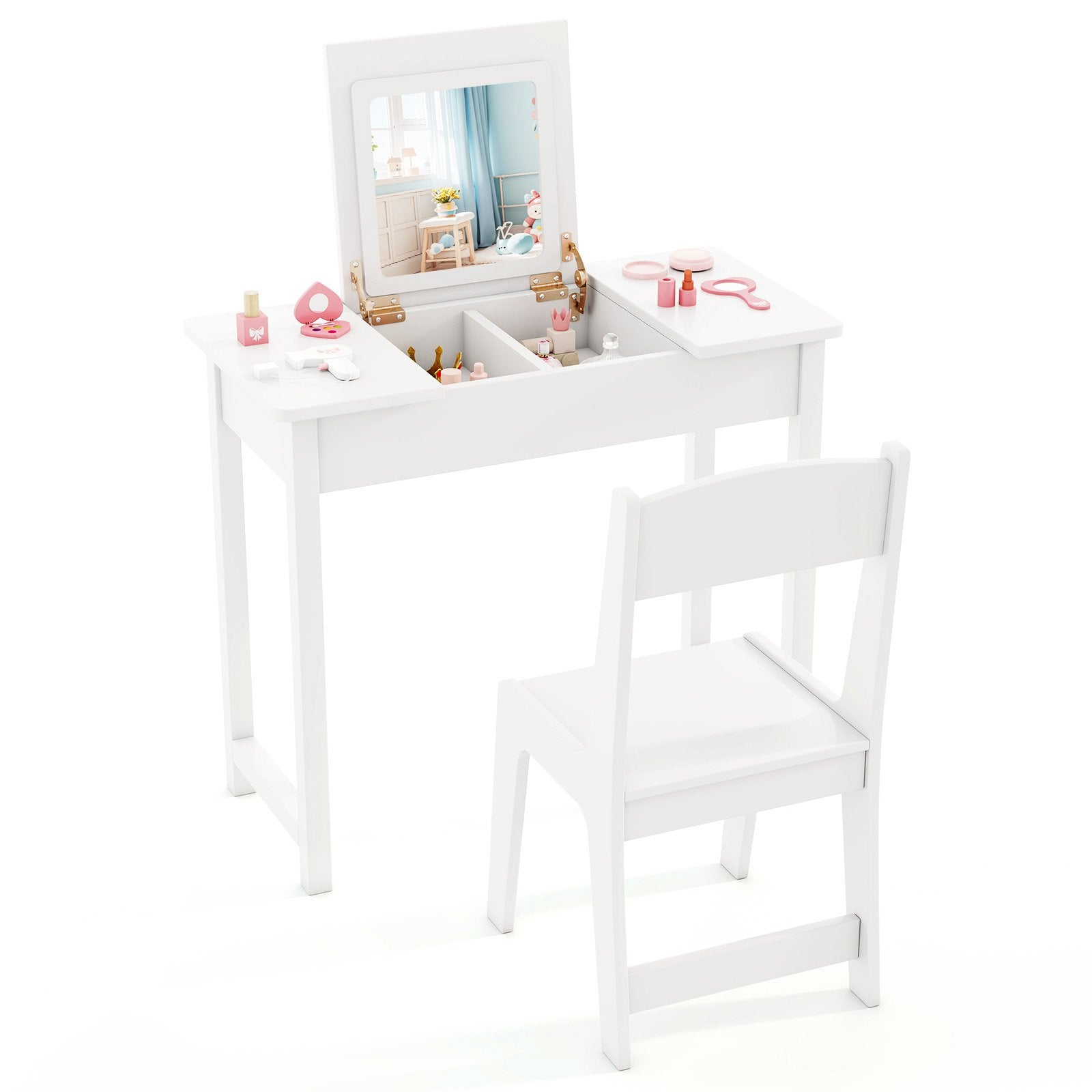 2-in-1 Kids Vanity Makeup Table and Chair Set with Flip Top Mirror-Pink