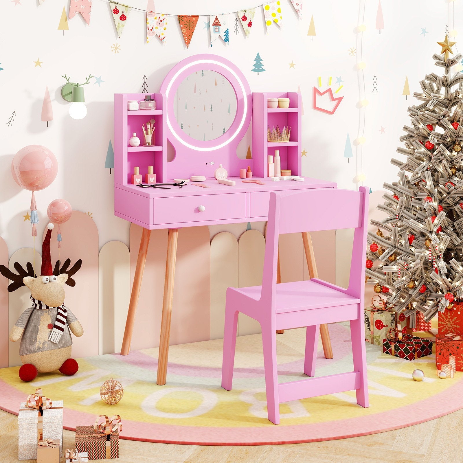 Kids Vanity Set with Lighted Mirror and Storage Drawers-Pink