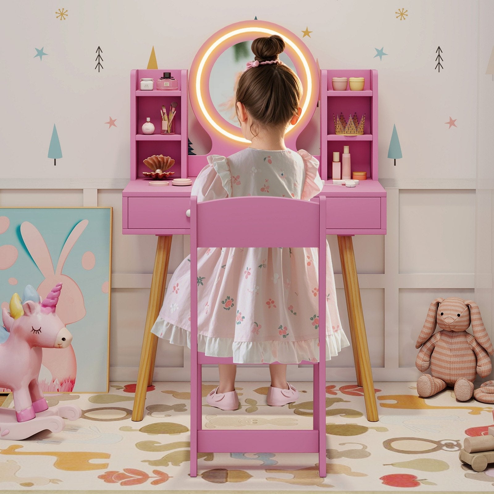 Kids Vanity Set with Lighted Mirror and Storage Drawers-Pink