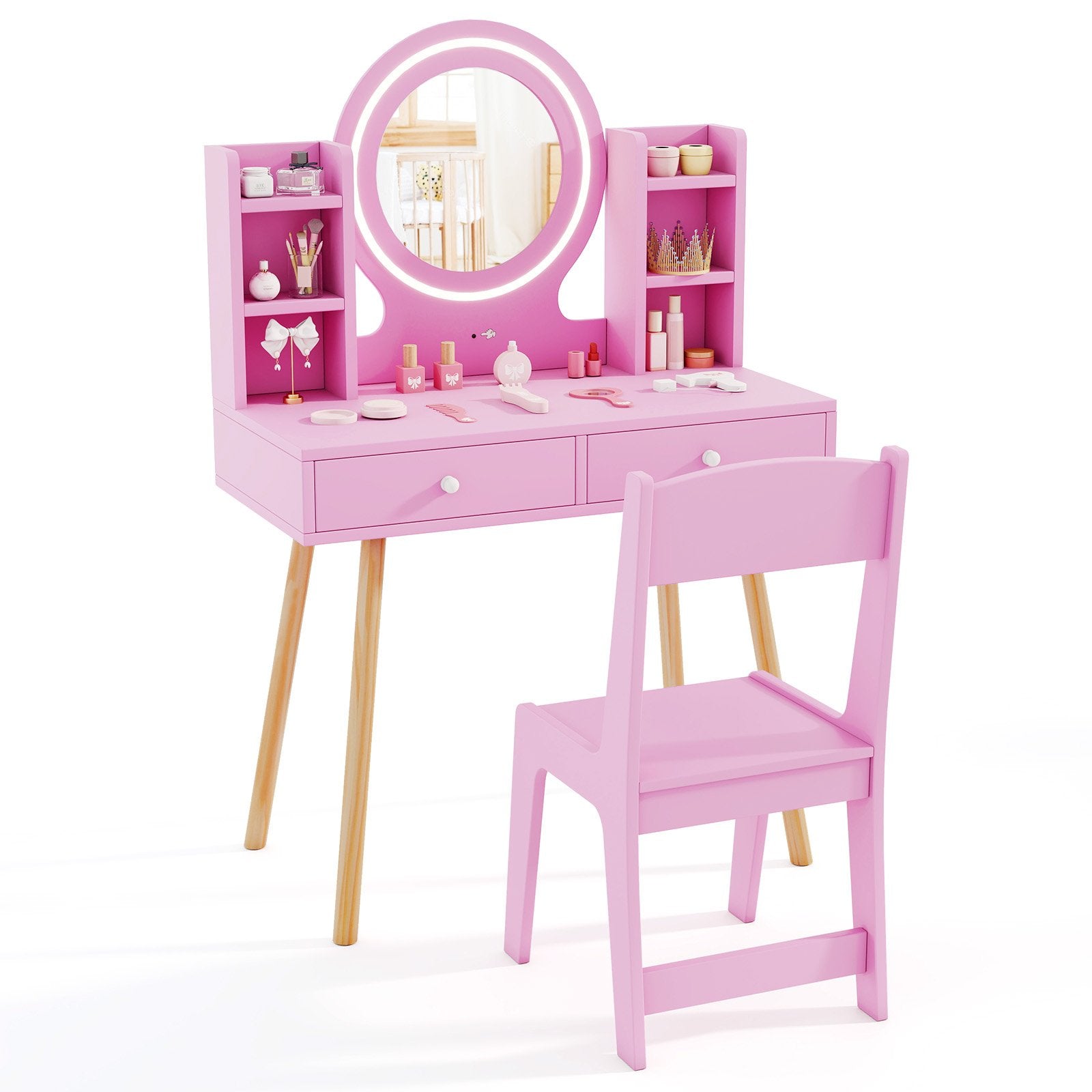Kids Vanity Set with Lighted Mirror and Storage Drawers-Pink