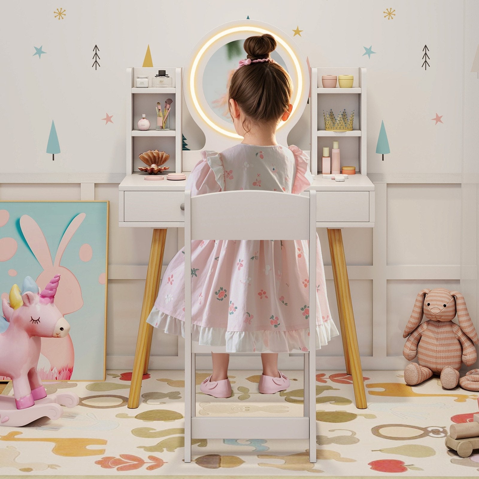 Kids Vanity Set with Lighted Mirror and Storage Drawers-Pink