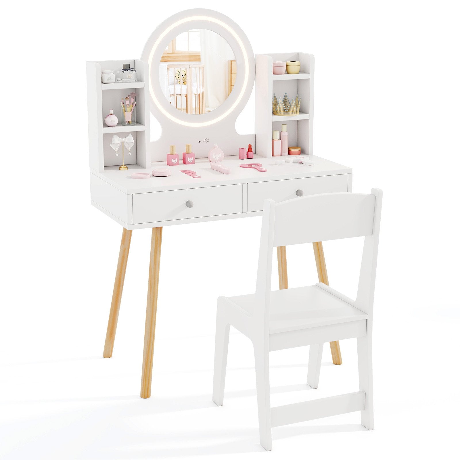 Kids Vanity Set with Lighted Mirror and Storage Drawers-Pink