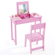 2-in-1 Kids Vanity Makeup Table and Chair Set with Flip Top Mirror-Pink