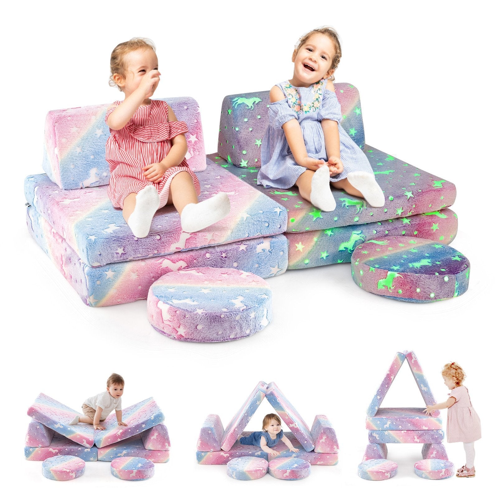 Modular Kids Play Couch Set Glow in the Dark with Portable Handles-Color
