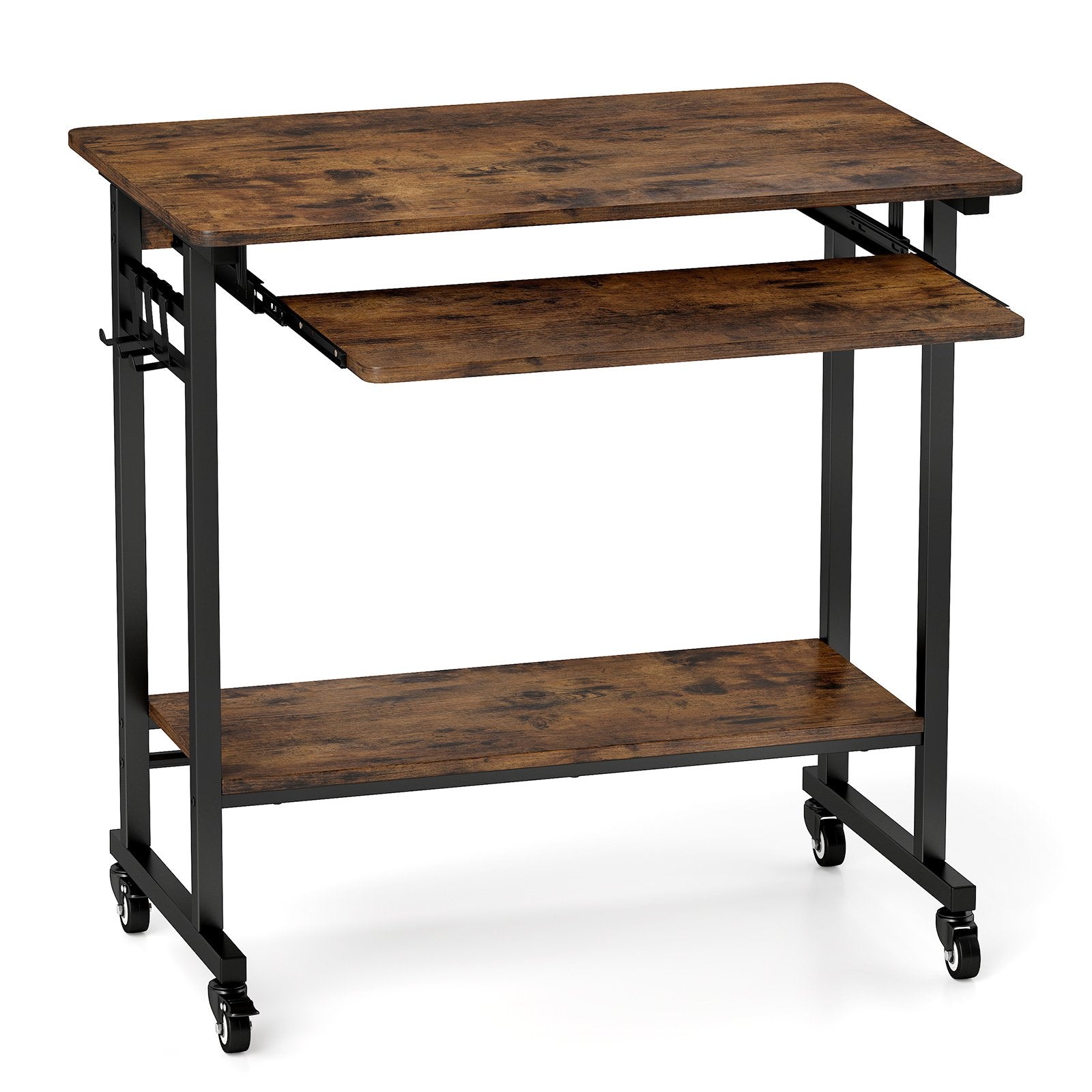 Rolling Laptop Table with Pull-out Keyboard Tray and Hooks-Rustic Brown
