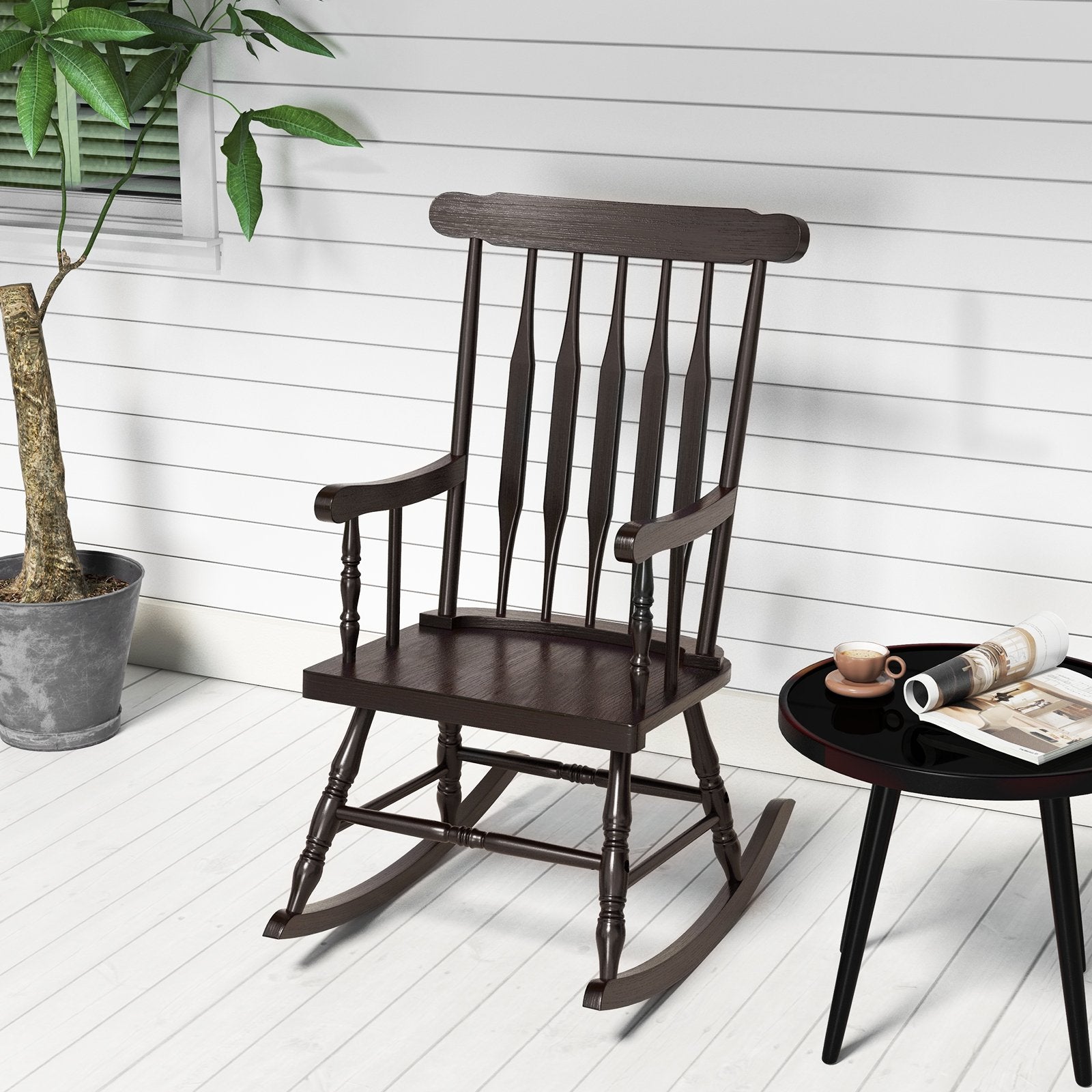 Solid Wood Porch Glossy Finish Rocking Chair-Black