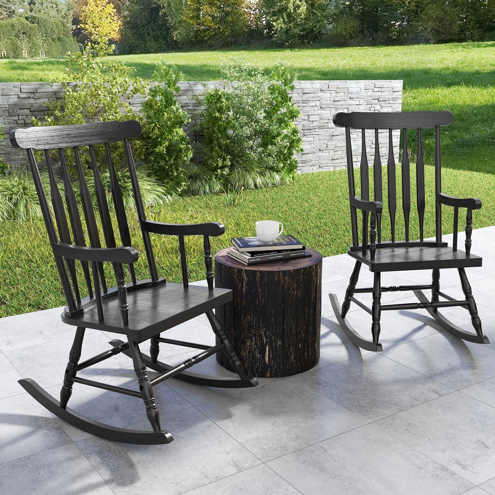 Solid Wood Porch Glossy Finish Rocking Chair-Black