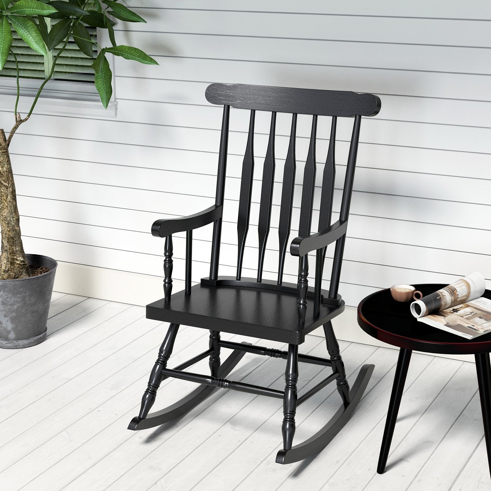 Solid Wood Porch Glossy Finish Rocking Chair-Black