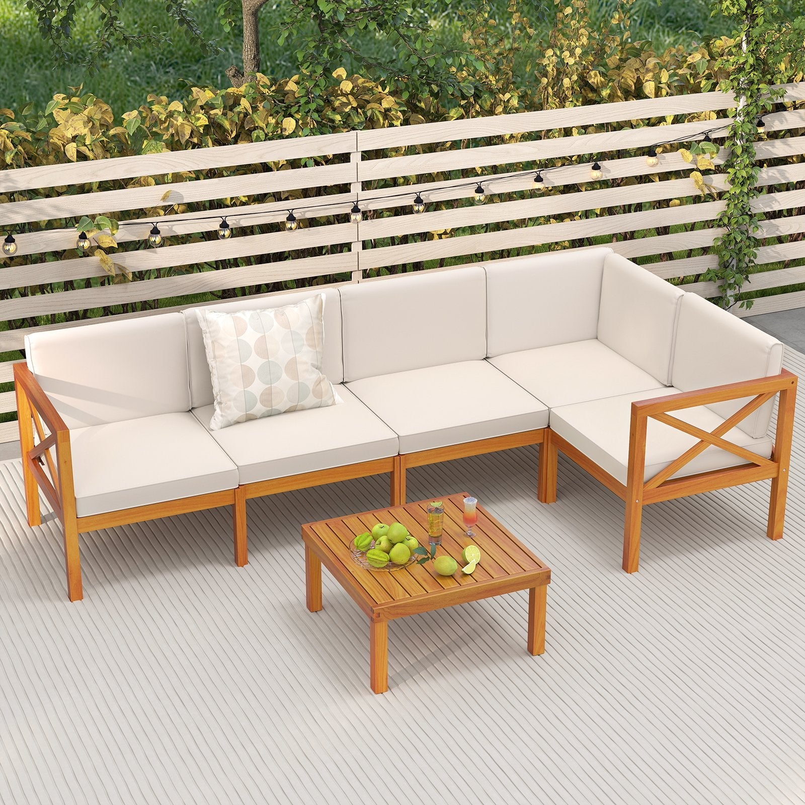 Outdoor 6 Pieces Acacia Wood Patio Sectional Furniture Set-White