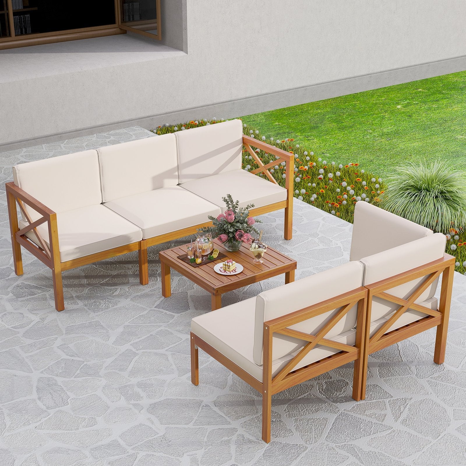 Outdoor 6 Pieces Acacia Wood Patio Sectional Furniture Set-White