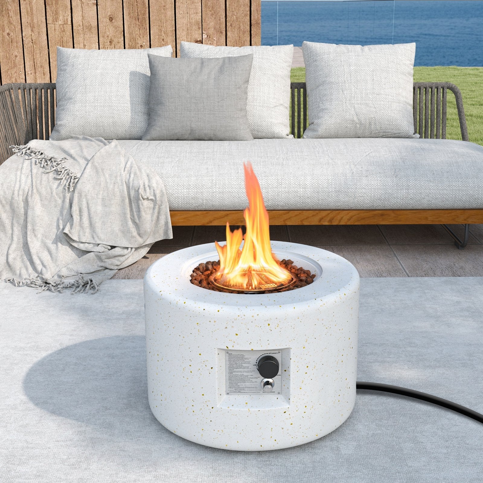 Round Terrazzo Propane Gas Fire Pit Protective PVC Cover  Lava Rocks Included