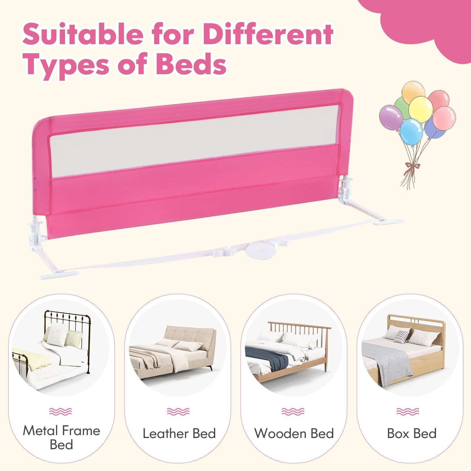 59 Inch Extra Long Folding Breathable Baby Children Toddlers Bed Rail Guard with Safety Strap-Beige