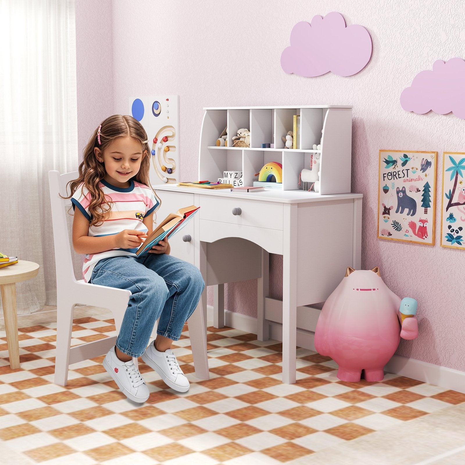 Kids Study Desk and Chair Set with Chair Hutch and Storage Cabinet for 3+ Years Old-Pink