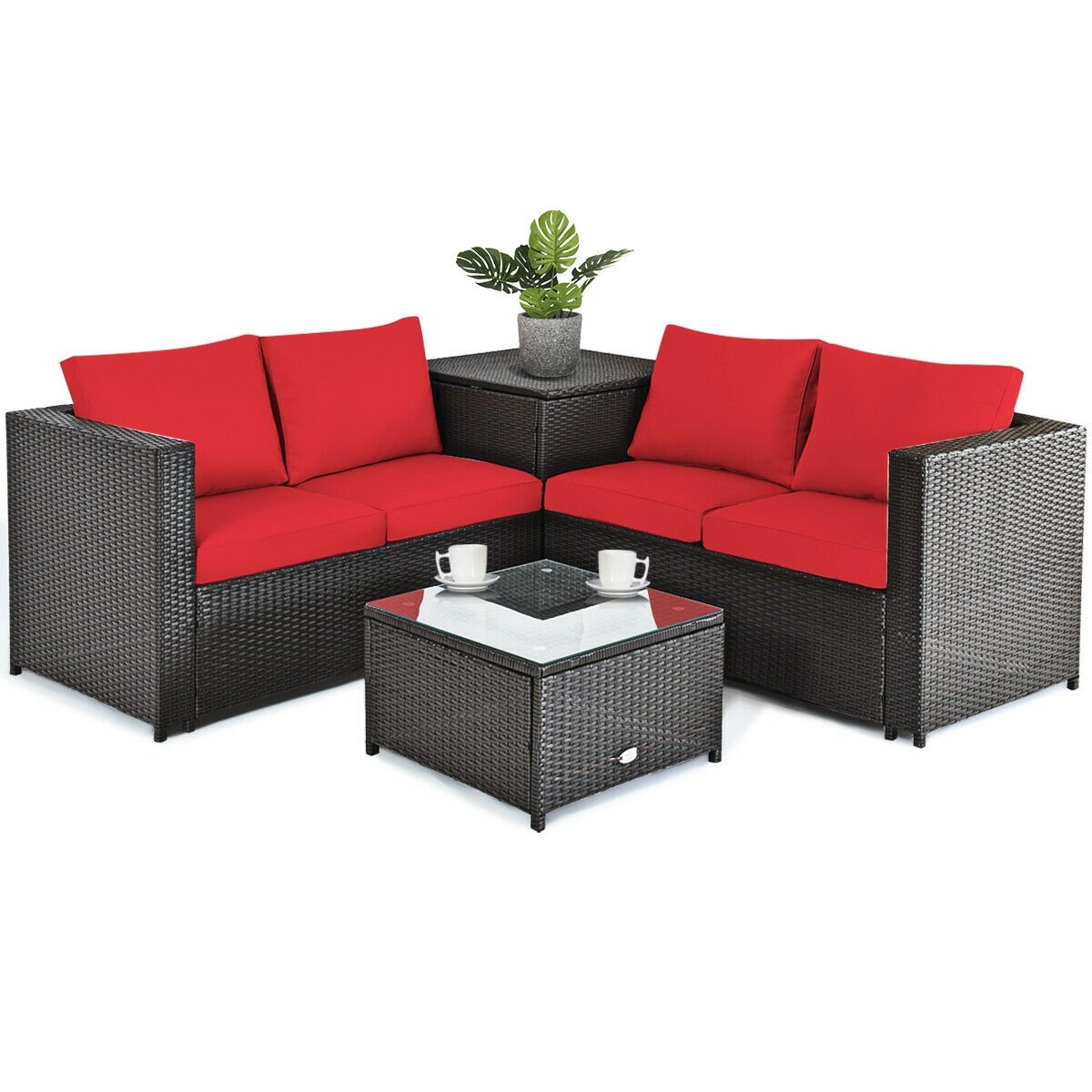 4 Pieces Outdoor Patio Rattan Furniture Set with Loveseat and Storage Box-Black