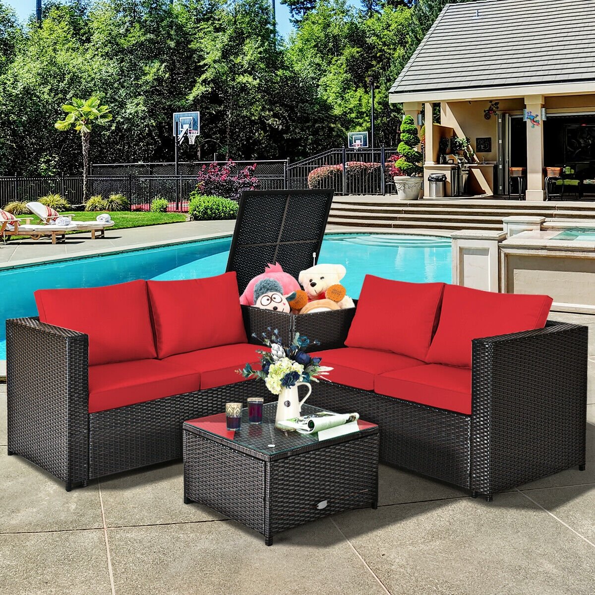 4 Pieces Outdoor Patio Rattan Furniture Set with Loveseat and Storage Box-Black