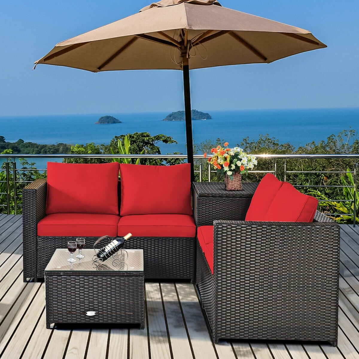 4 Pieces Outdoor Patio Rattan Furniture Set with Loveseat and Storage Box-Black