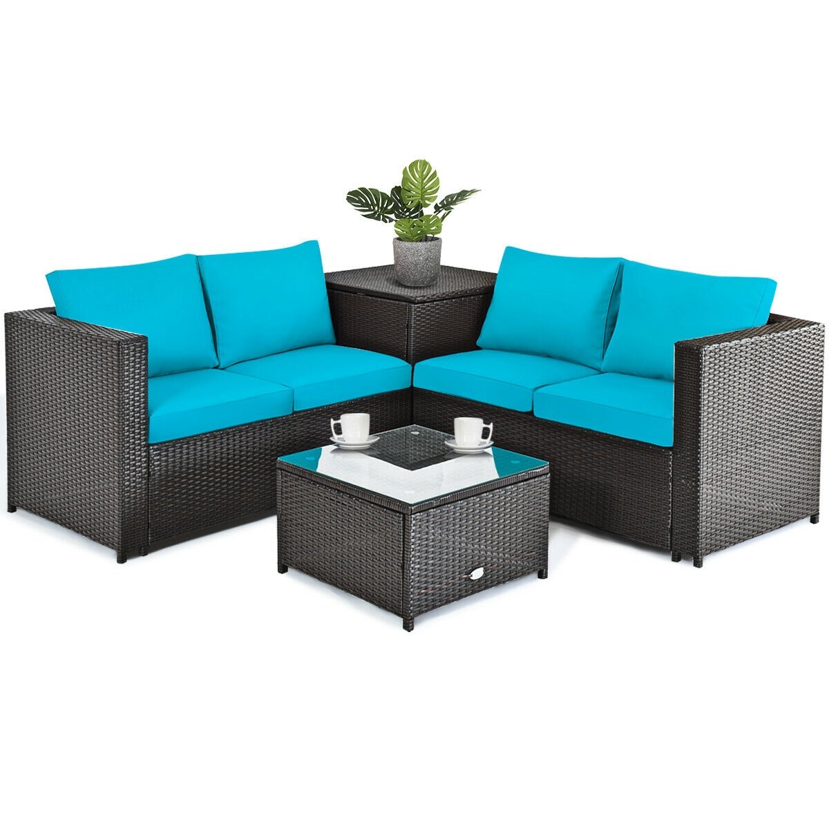 4 Pieces Outdoor Patio Rattan Furniture Set with Loveseat and Storage Box-Black