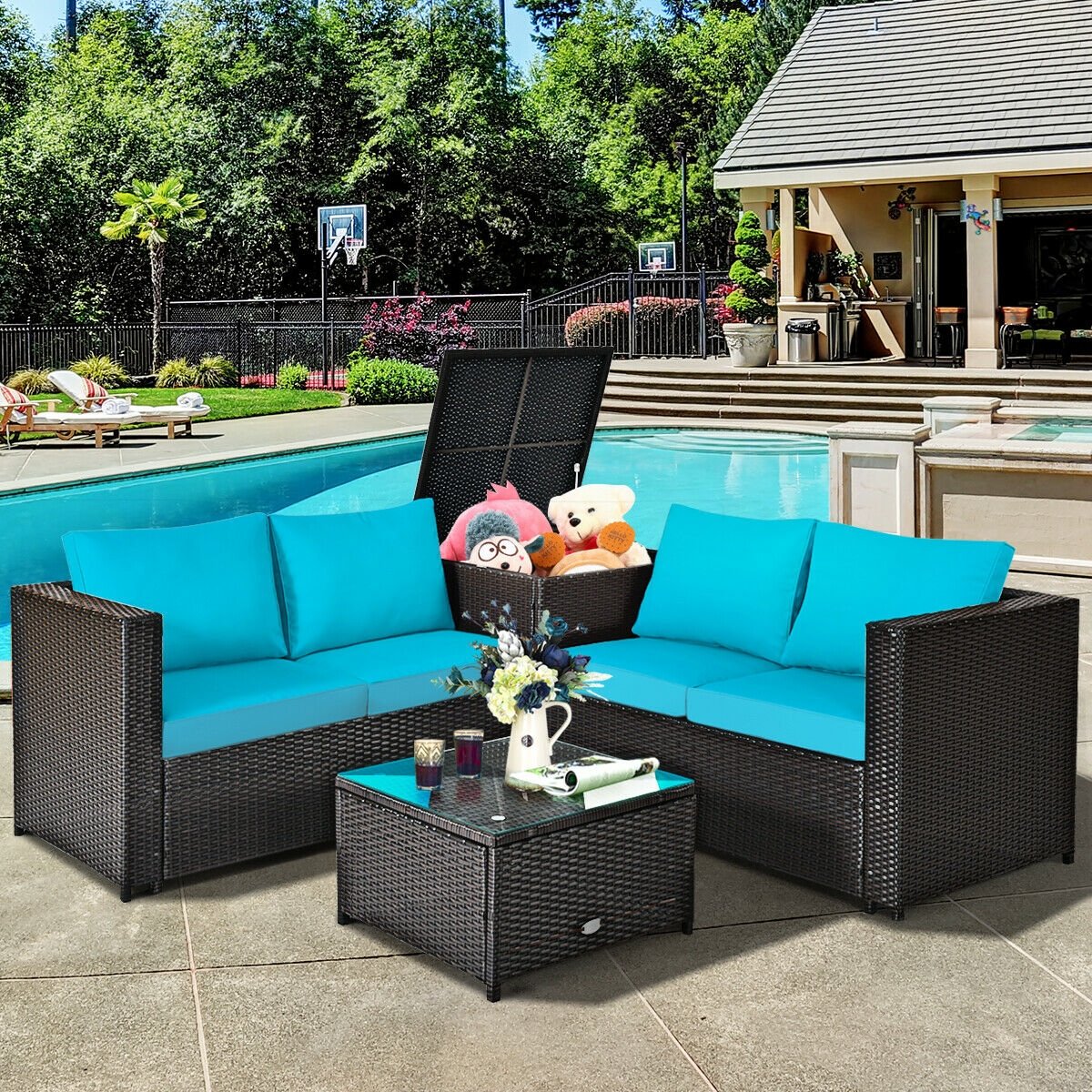 4 Pieces Outdoor Patio Rattan Furniture Set with Loveseat and Storage Box-Black