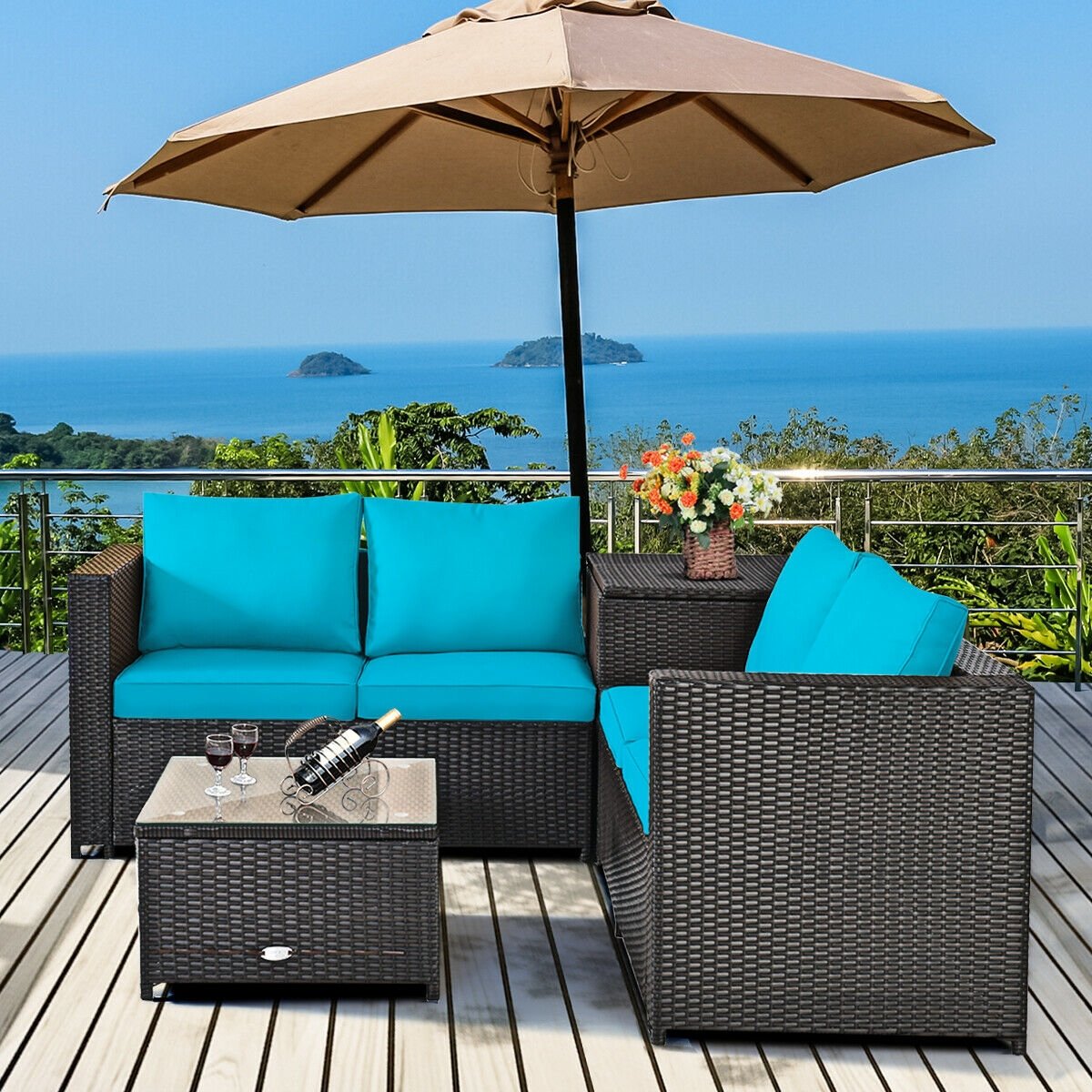 4 Pieces Outdoor Patio Rattan Furniture Set with Loveseat and Storage Box-Black