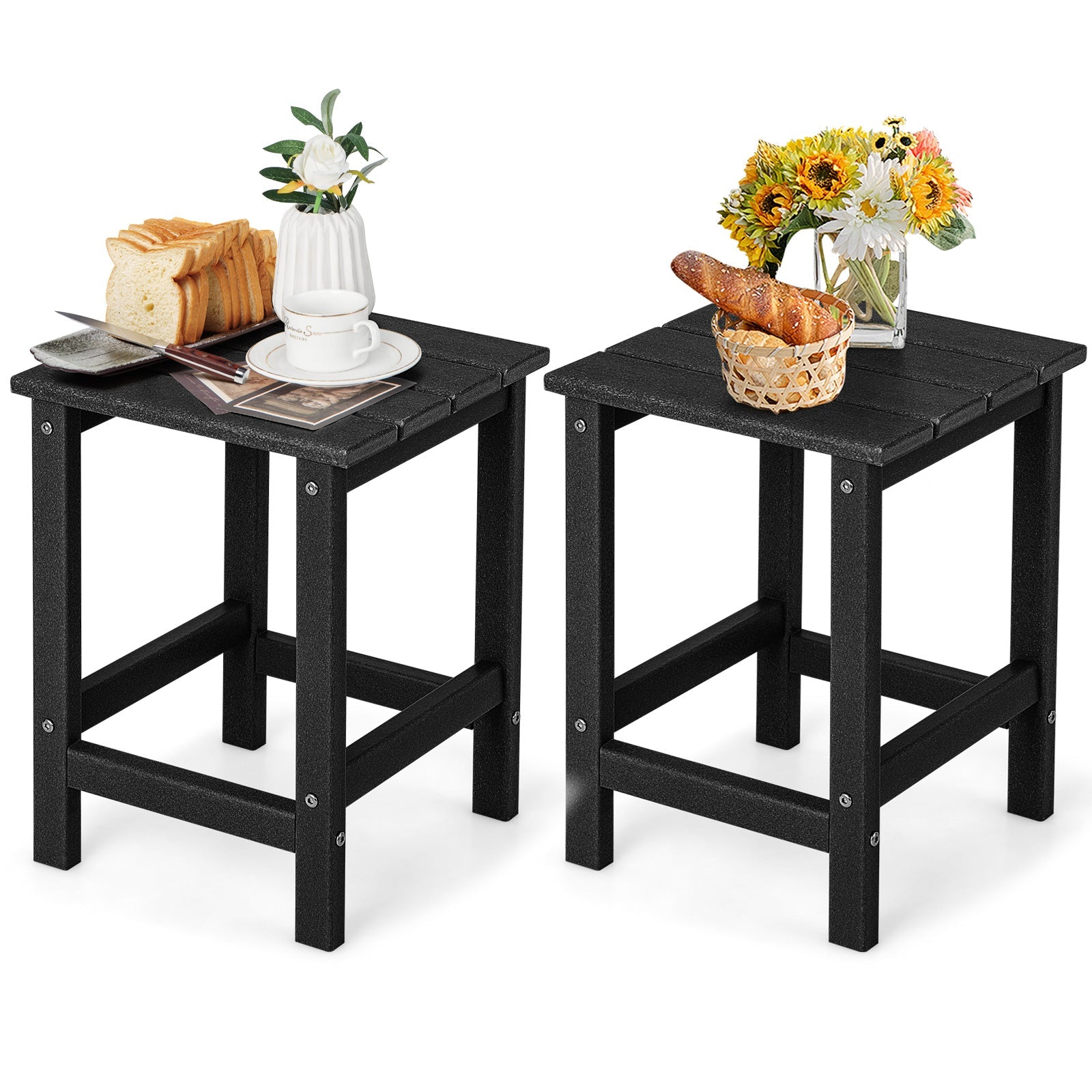 Set of 2 14 Inch Square Weather-Resistant Adirondack Side Table-Black