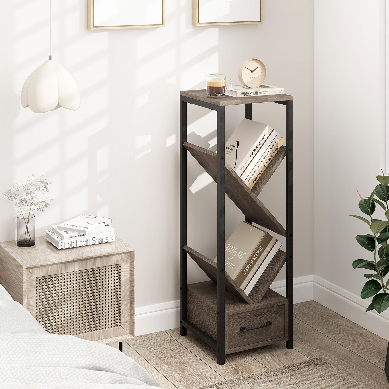 4 Tier Floor Tree Bookshelf with Drawer and Metal Frame-Gray