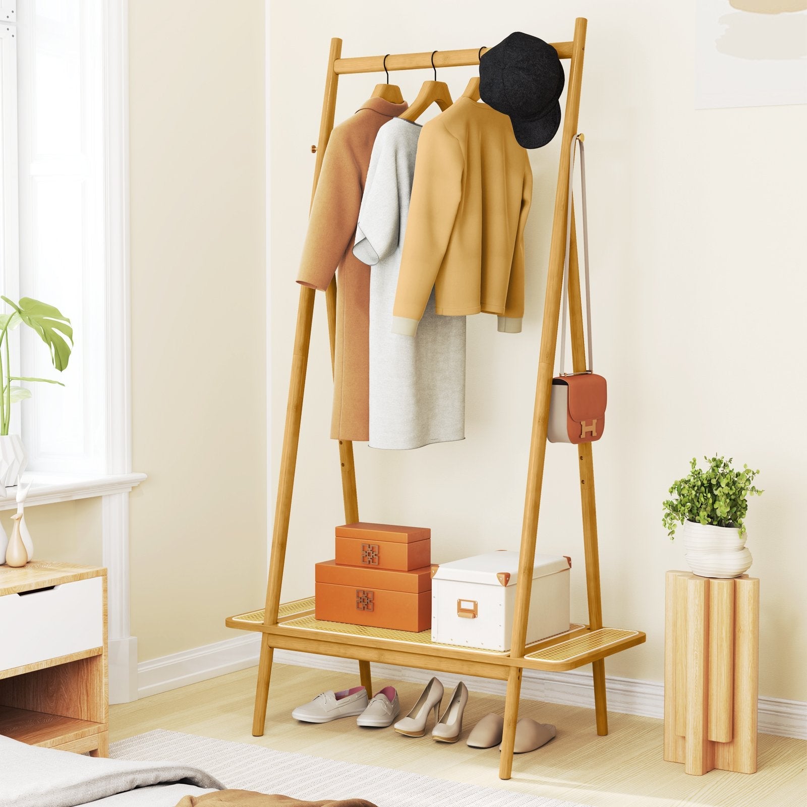 Bamboo Clothes Rack with Hanging Rod Rattan Shelf and Copper Hooks-Brown