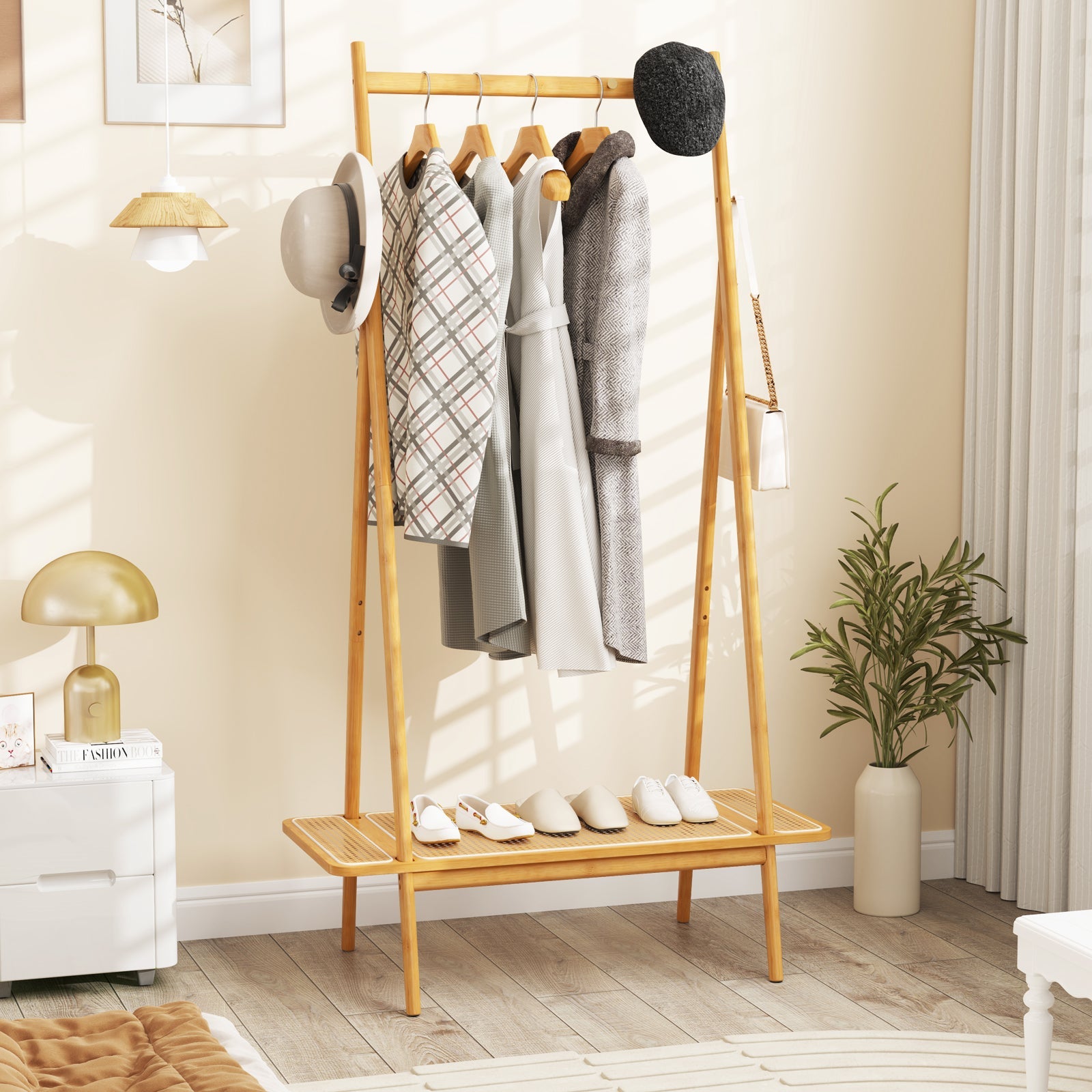 Bamboo Clothes Rack with Hanging Rod Rattan Shelf and Copper Hooks-Brown