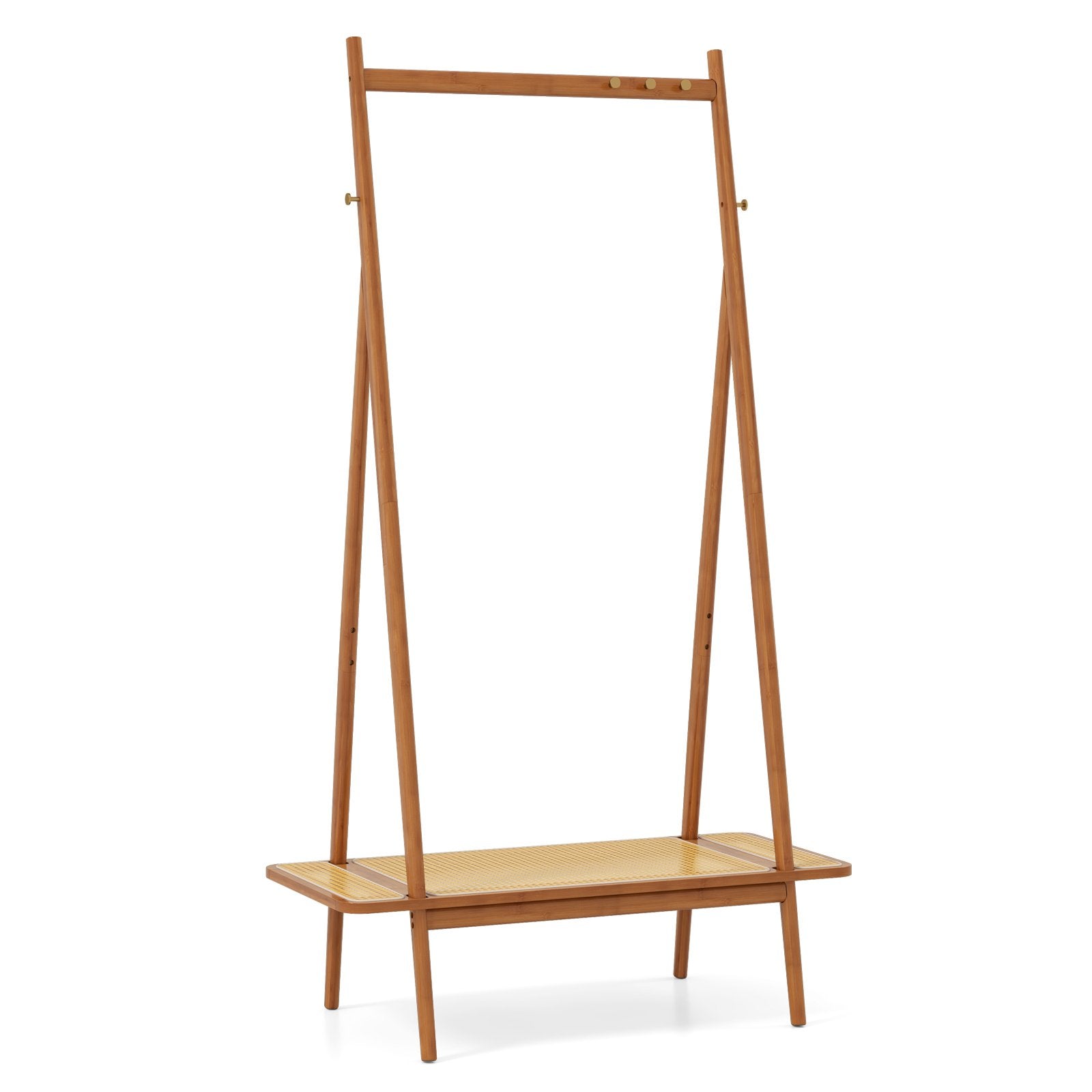 Bamboo Clothes Rack with Hanging Rod Rattan Shelf and Copper Hooks-Brown