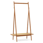 Bamboo Clothes Rack with Hanging Rod Rattan Shelf and Copper Hooks-Brown