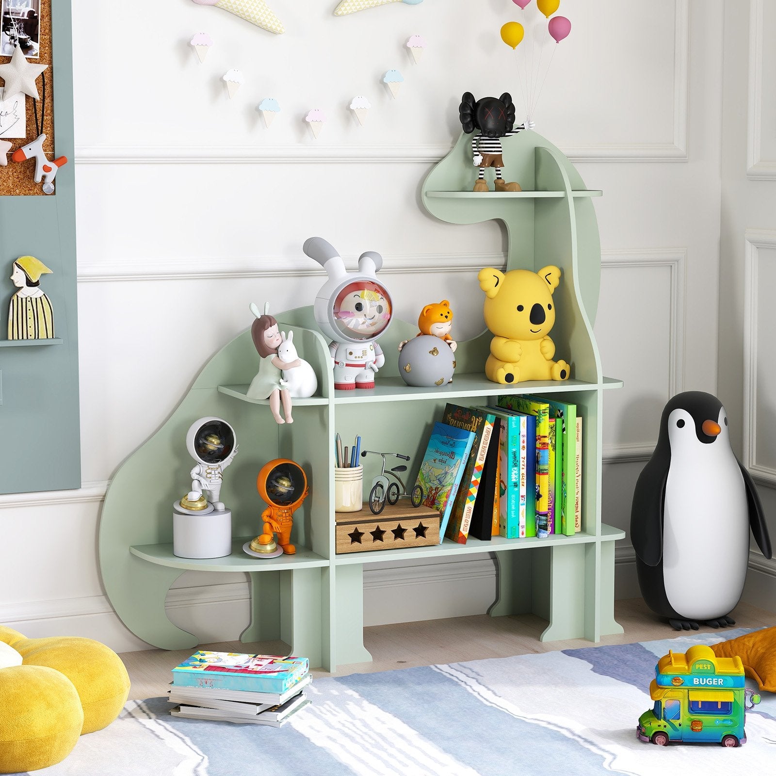 3-Tier Dinosaur Kids Bookshelf for Children-Green
