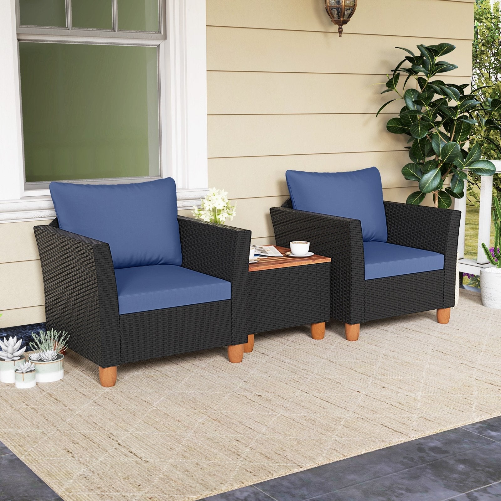 3 Pieces Outdoor Patio Rattan Furniture Set-Black
