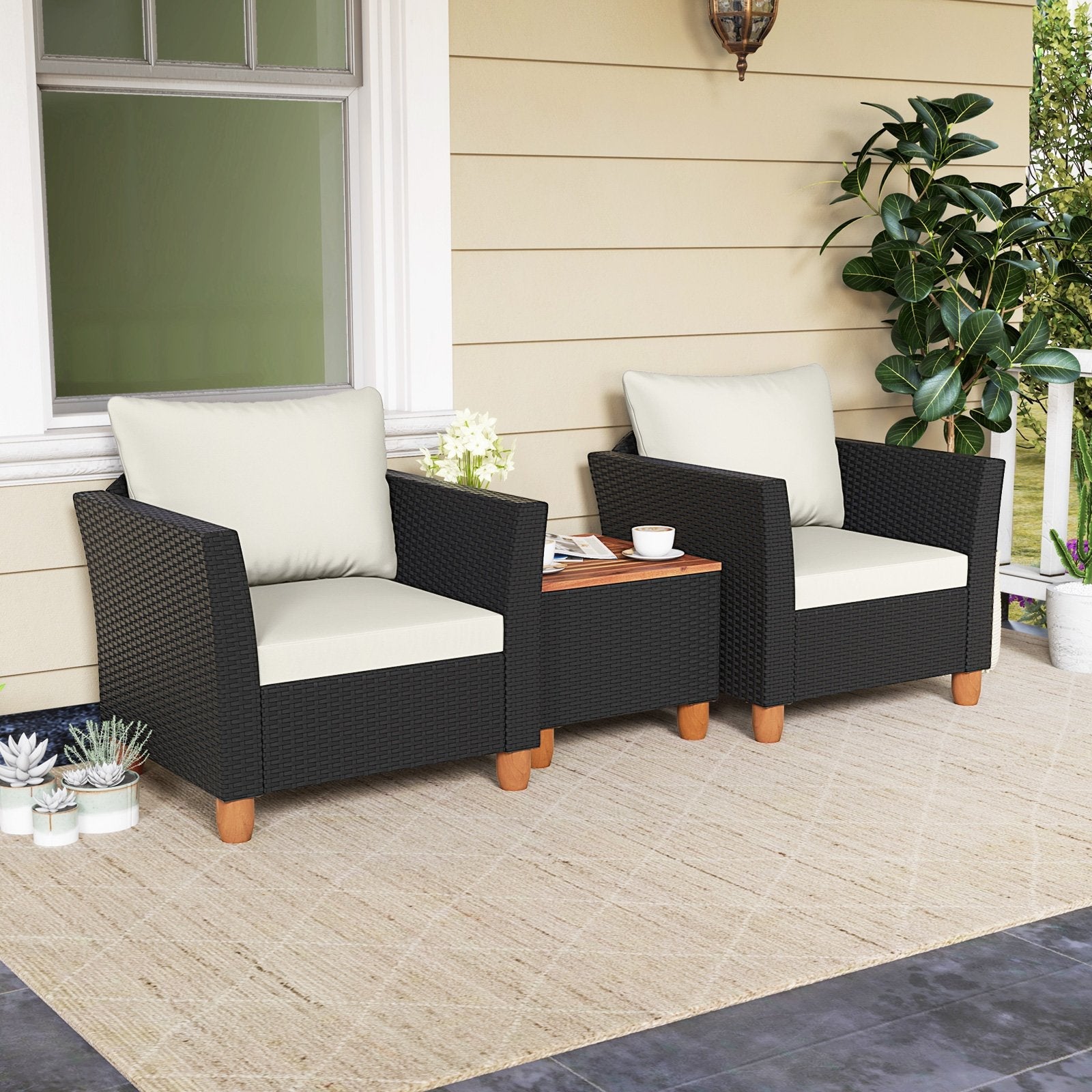 3 Pieces Outdoor Patio Rattan Furniture Set-Black