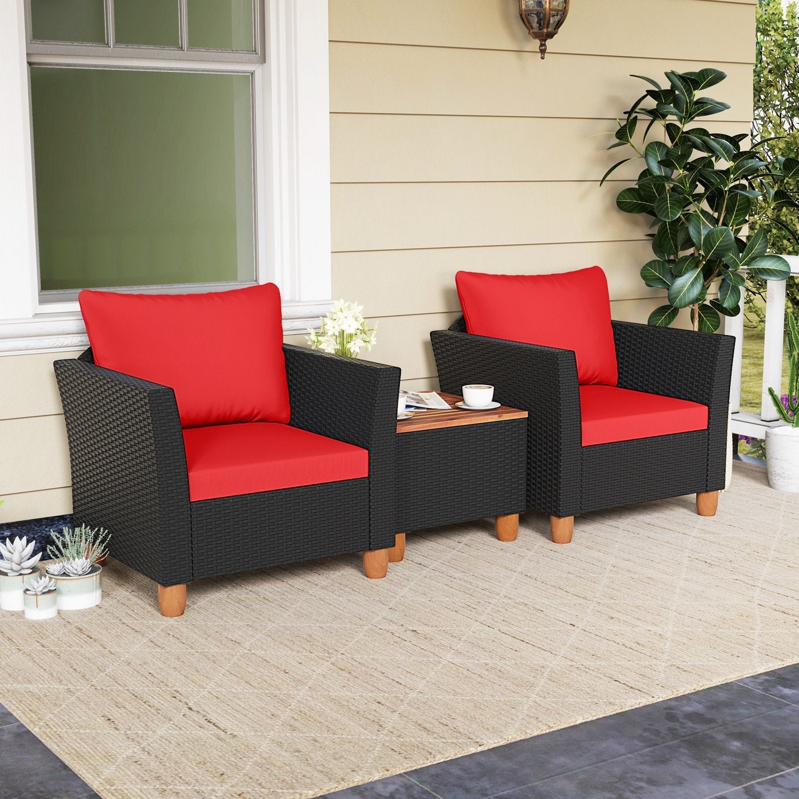 3 Pieces Outdoor Patio Rattan Furniture Set-Black