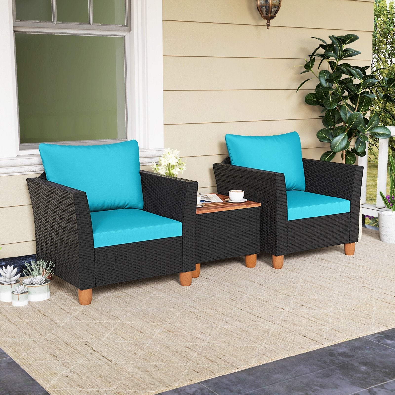 3 Pieces Outdoor Patio Rattan Furniture Set-Black