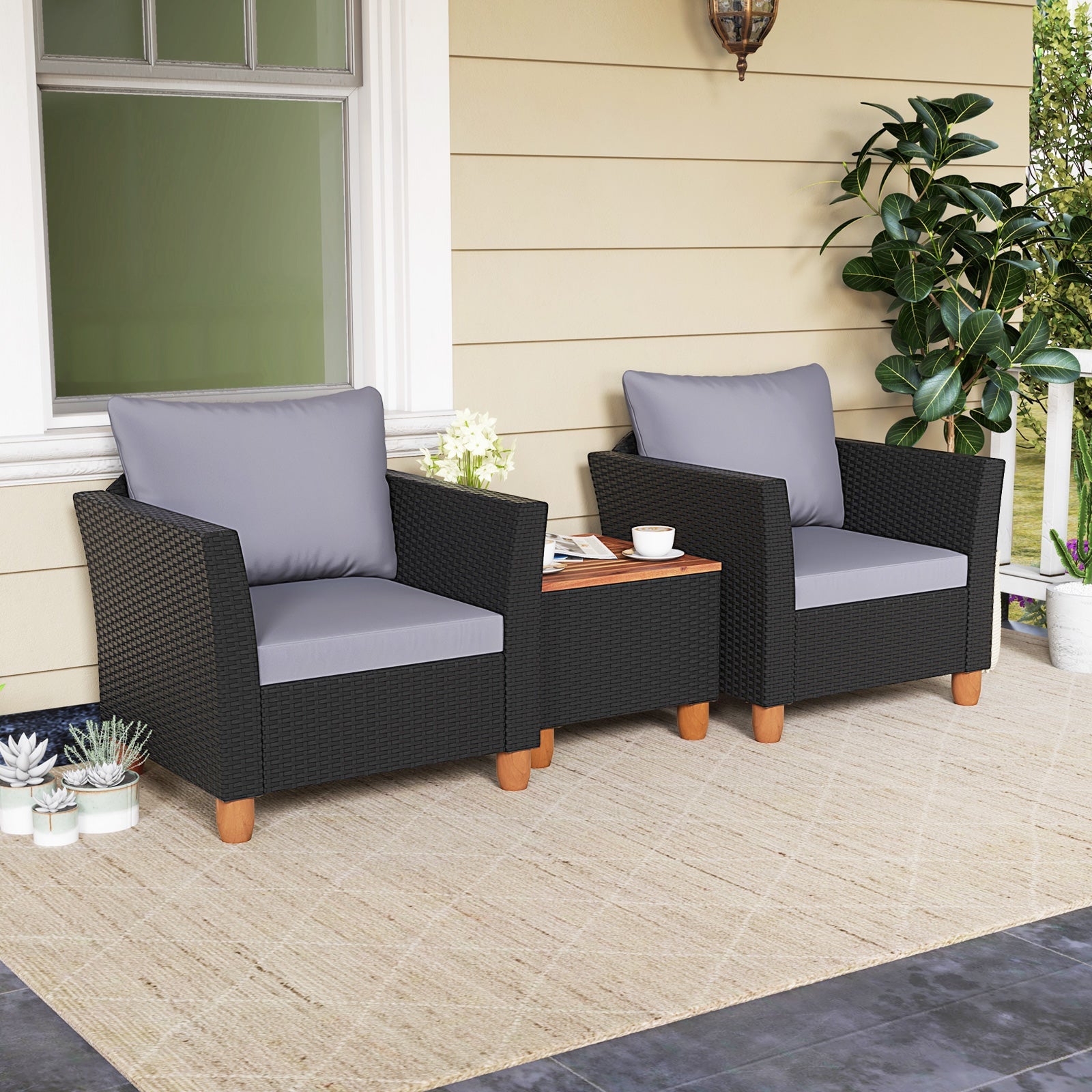 3 Pieces Outdoor Patio Rattan Furniture Set-Black